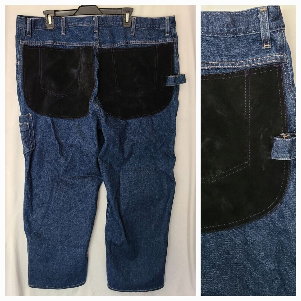 USA Union Made jeans blue denim black suede reinforced knees size 44x28 workwear